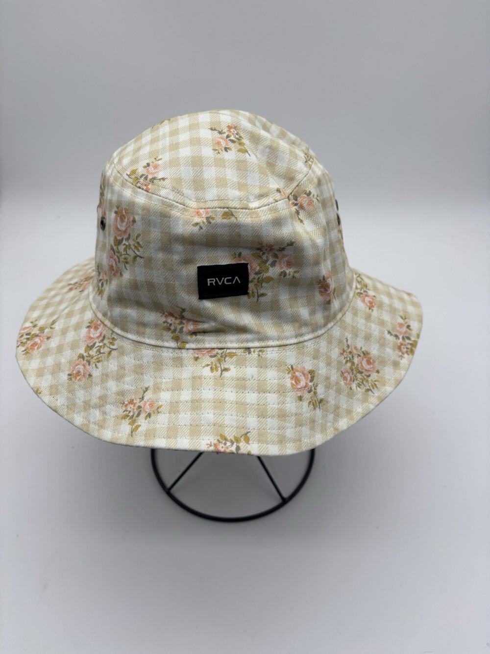 RVCA Women's Reversible Location Bucket Hat Gingham Floral Cream Pink S/M EUC